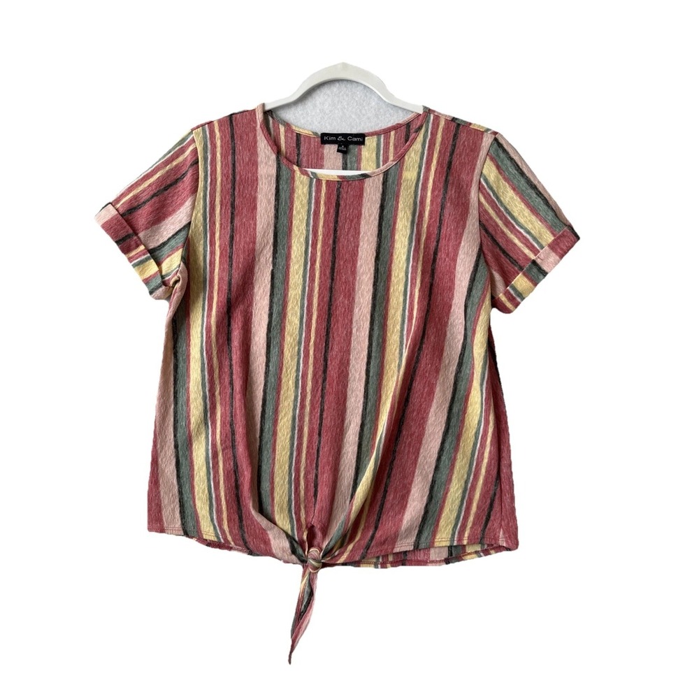 Kim & Cami Striped Tie Front Short Sleeve Top Women's S Boho Chic Summer Resort